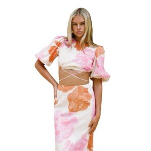 Sabo Bailee Puff Top Solstice Pink Print Crop Bubble‎ Sleeve Medium NWOT
